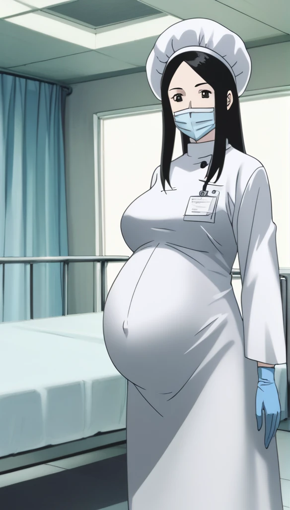 score_9, score_8_up, score_7_up, source_anime, raw image, masterpiece, highest quality, kasuganoray, pale skin, her eyes are happy, long black hair, big breasts, scrubs, surgical mask, bouffant cap, long sleeve maternity dress, put on another long sleeved coat, seamless, navel head, the dress isn't wrinkled, long white stockings,
1girl, pregnant, solo, long rubber gloves, looking down, look at viewer, furrowed brow, hospital bed, light shines from the ceiling, standing, patient room background, she is inquiring about the patient's condition