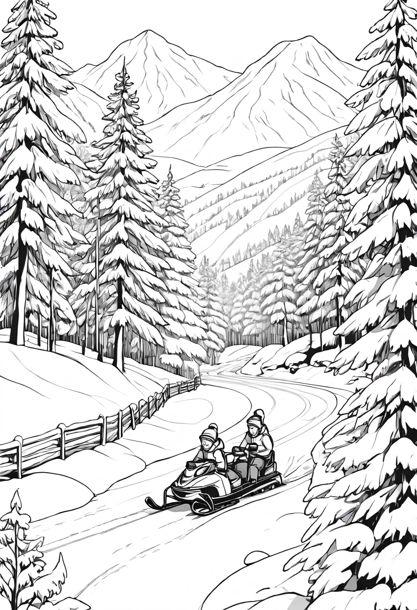 thin line drawing, lineart, fine stroke, winter activities, monochromatic, black andwhite. no shadows, no gray color, lineart style