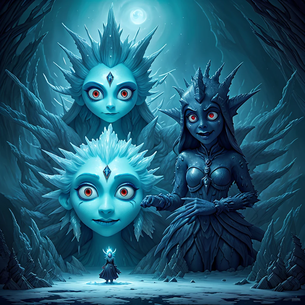 Ice horror goddes, scary dark face, a lot of ice, ice spikes, ice horrific creatures, cold magic, seb mckinnon, peter mohrbacher, storybook illustration, digital painting, eldritch, complex, meticulous, john kenn mortensen, ivan shishkin, gustave dore