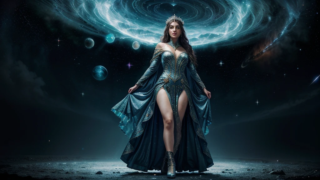In a realm where galaxies collide and celestial clouds swirl, the ethereal enchantress Grace holds dominion. Her divine visage, framed by a halo of shimmering starlight tresses, radiates with the brilliance of a thousand cosmic furnaces. Grace's hair, woven from the very dust of shattered nebulae, flows weightlessly around her.
Eyes that gleam like the hearts of ancient stars gaze out at the universe, reflecting both wisdom and power. The enchantress is adorned in a majestic, floor-length gown crafted from the shimmering auroras of newly birthed worlds. The dress, with its high neckline and long sleeves, envelops her form completely, its fabric rippling like the whorls of distant galaxies.
A celestial cloak, embroidered with constellations, drapes over her shoulders and cascades down her back. As she moves, the cloak shimmers and shifts, mirroring the dance of solar flares. Her feet are clad in boots that seem forged from stardust and meteorite.
Fully clothed in her regal attire, Grace stands as the epitome of cosmic elegance. With each graceful movement, stardust swirls in her wake, crowning her as the sovereign of the celestial spheres. Her presence commands reverence, embodying the awe-inspiring beauty and mystery of the universe itself.