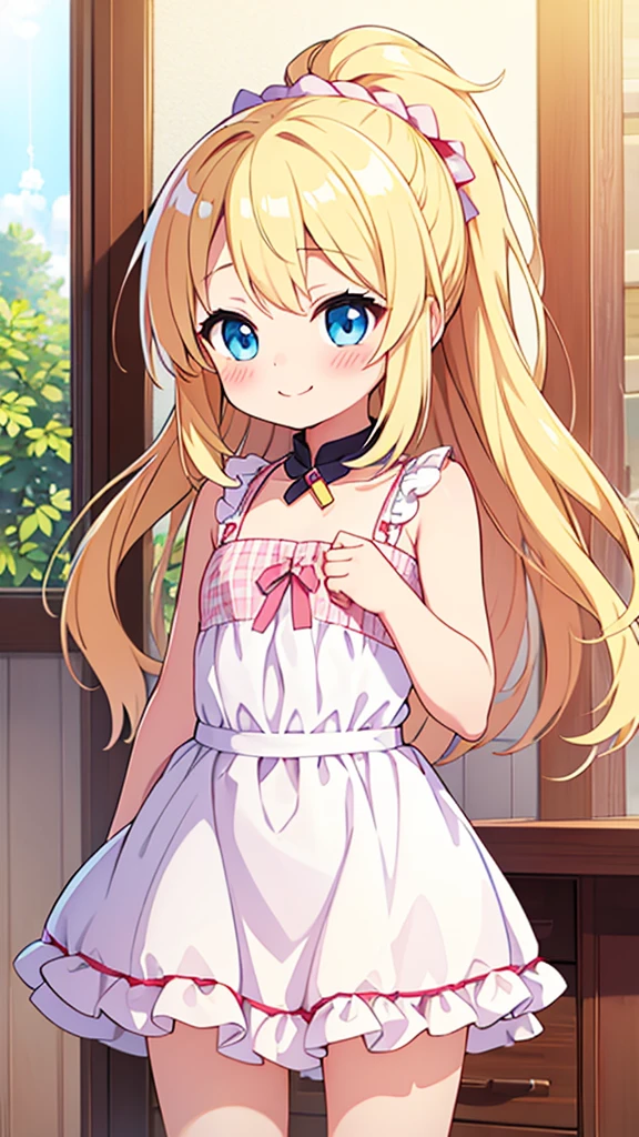 ((masterpiece))((Highest quality))girl、smile、blush、Flat Chest、Are thin、Blonde Hair、Long hair up to half of one's height、blush、Are standing、Whole body image、Even your toes are visible、Eye level on face、front、No background、真frontのアングル
