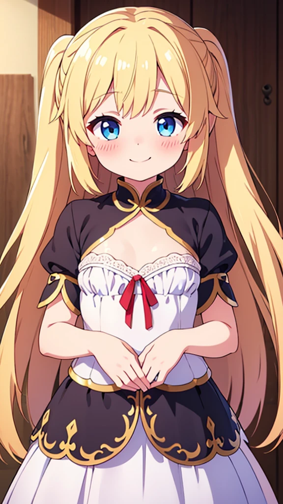 ((masterpiece))((Highest quality))girl、smile、blush、Flat Chest、Are thin、Blonde Hair、Long hair up to half of one's height、blush、Are standing、Whole body image、Even your toes are visible、Eye level on face、front、No background、真frontのアングル