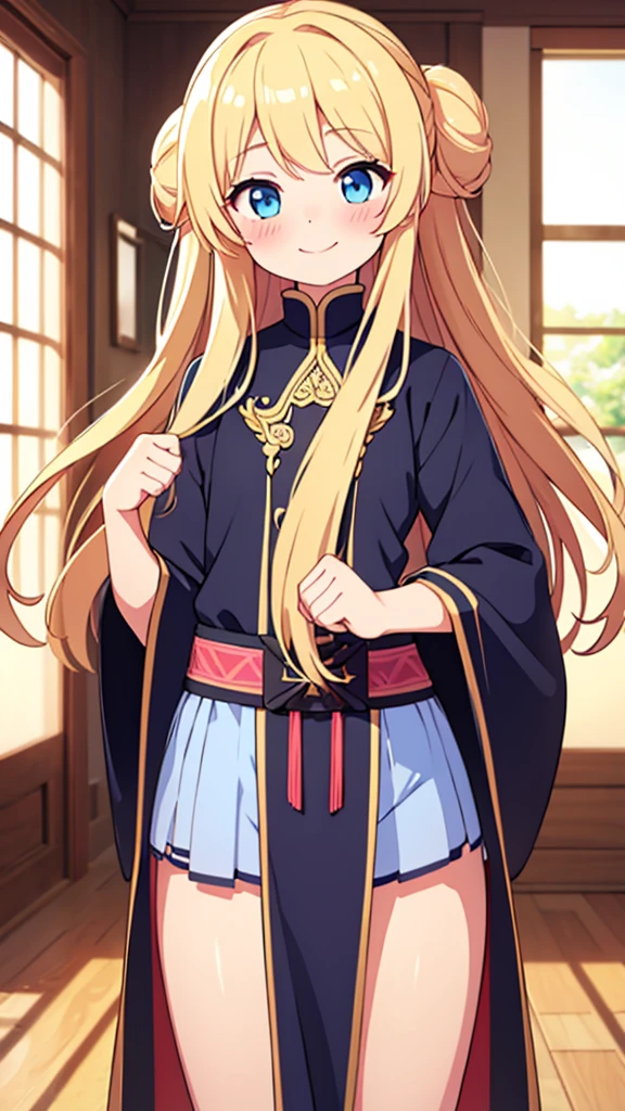 ((masterpiece))((Highest quality))girl、smile、blush、Flat Chest、Are thin、Blonde Hair、Long hair up to half of one's height、blush、Are standing、Whole body image、Even your toes are visible、Eye level on face、front、No background、真frontのアングル