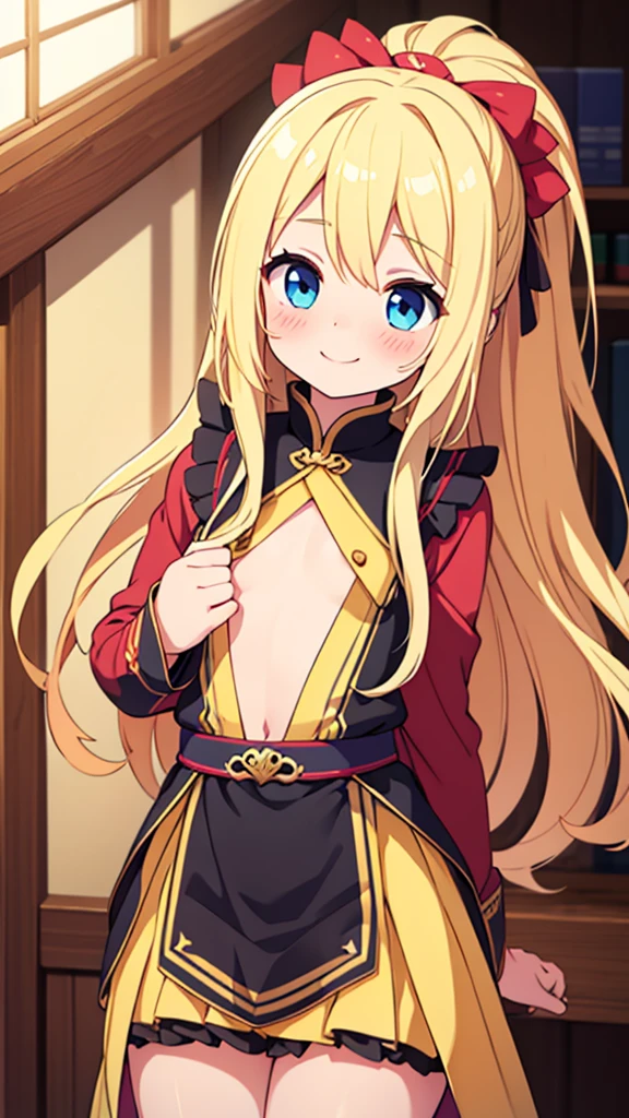 ((masterpiece))((Highest quality))girl、smile、blush、Flat Chest、Are thin、Blonde Hair、Long hair up to half of one&#39;s height、blush、Are standing、Whole body image、Even your toes are visible、Eye level on face、front、No background、真frontのアングル