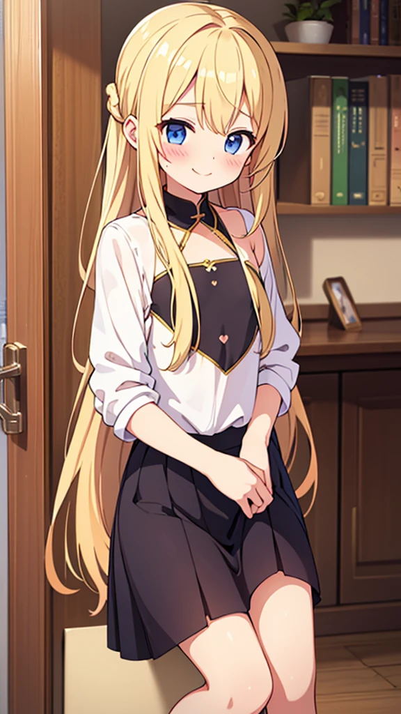 ((masterpiece))((Highest quality))girl、smile、blush、Flat Chest、Are thin、Blonde Hair、Long hair up to half of one&#39;s height、blush、Are standing、Whole body image、Even your toes are visible、Eye level on face、front、No background、真frontのアングル