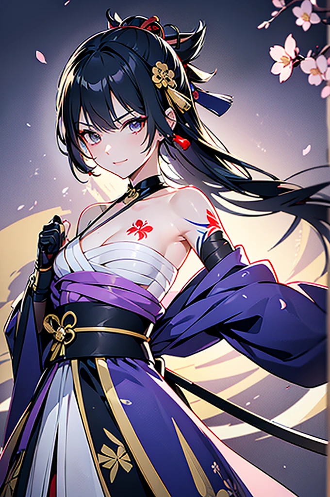 ((roll up bandage sideways on a chest tightly to cover the chest without gaps)), bandage samweways, the bantage is no chest shape, flat chest, ((Japanese Gangster BOSS)), adult woman with the dignified presence, Killing Qi, wear nothing around shoulder, wear nothing around neck, wear the kimono, wear it below the waist, (I wind it up to control it, and to attach it), ((kimono come off)) ,wear the kimono multiple times, Bare shoulders and the clavicle, black and gold kimono, put on over jacket of kimono, (holding a japanese sword which shine in purple, The handole of the sword is black, and the blade is gray, long sword), eye fire, low angle, whole body, bandage is seen, anime character, Glaring, off sholder, nappropriate smile, Excellent, black blue hair, can see both shoulder, long hem, small face, ((cherry blossam big tattoo on the arm))