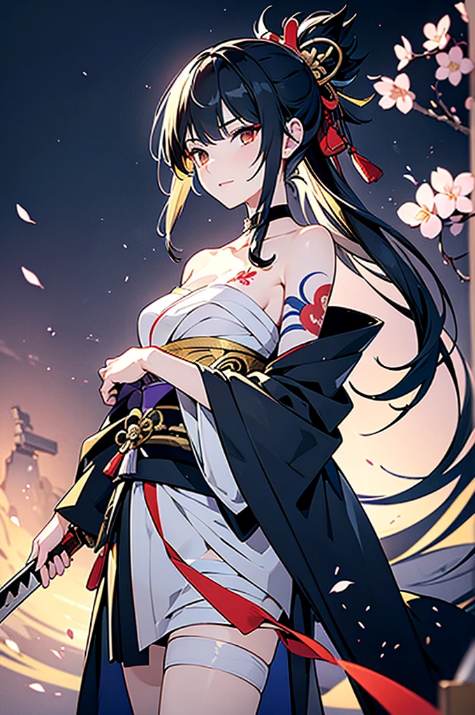 ((roll up bandage sideways on a chest tightly to cover the chest without gaps)), bandage samweways, the bantage is no chest shape, flat chest, ((Japanese Gangster BOSS)), adult woman with the dignified presence, Killing Qi, wear nothing around shoulder, wear nothing around neck, wear the kimono, wear it below the waist, (I wind it up to control it, and to attach it), ((kimono come off)) ,wear the kimono multiple times, Bare shoulders and the clavicle, black and gold kimono, put on over jacket of kimono, (holding a japanese sword which shine in purple, The handole of the sword is black, and the blade is gray, long sword), eye fire, low angle, whole body, bandage is seen, anime character, Glaring, off sholder, nappropriate smile, Excellent, black blue hair, can see both shoulder, long hem, small face, ((cherry blossam big tattoo on the arm))