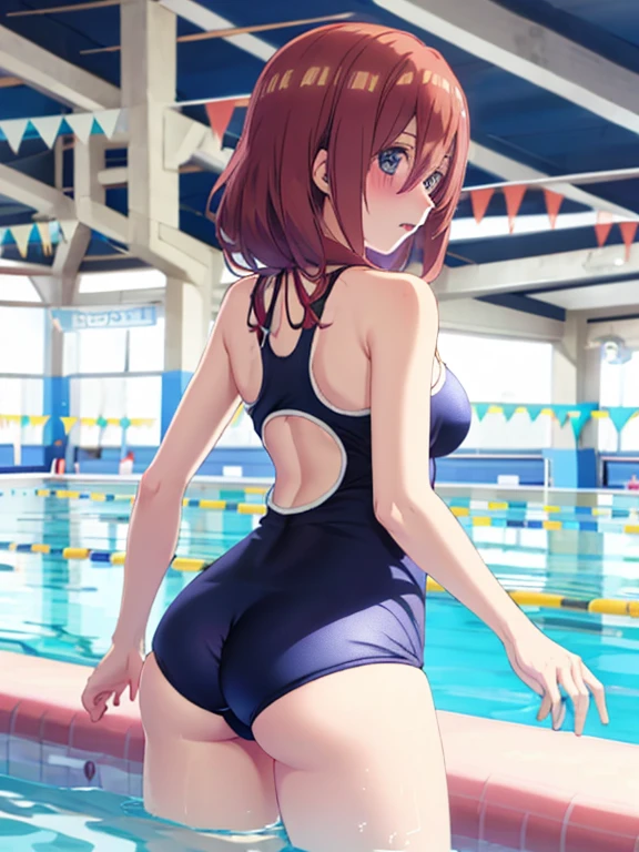 best quality, insanely detailed, miku nakano, one-piece swimsuit, breasts, blush, swimming pool background, back style, look into the distance