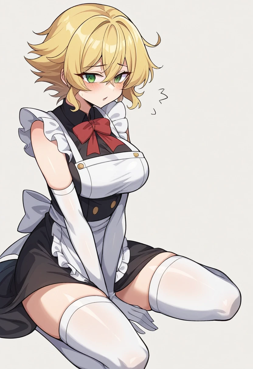 (One girl)、bob cut、flipped hair、((Blonde))、(Sato Air)、slan eyes、(Big super breasts)、Chubby、beautiful girl、green eye、Maid clotheini skirt、White sleeveless、((hairs between eyes))、((thigh-high socks thighhighs))、(long gloves)、say、flipped hair、White Background、