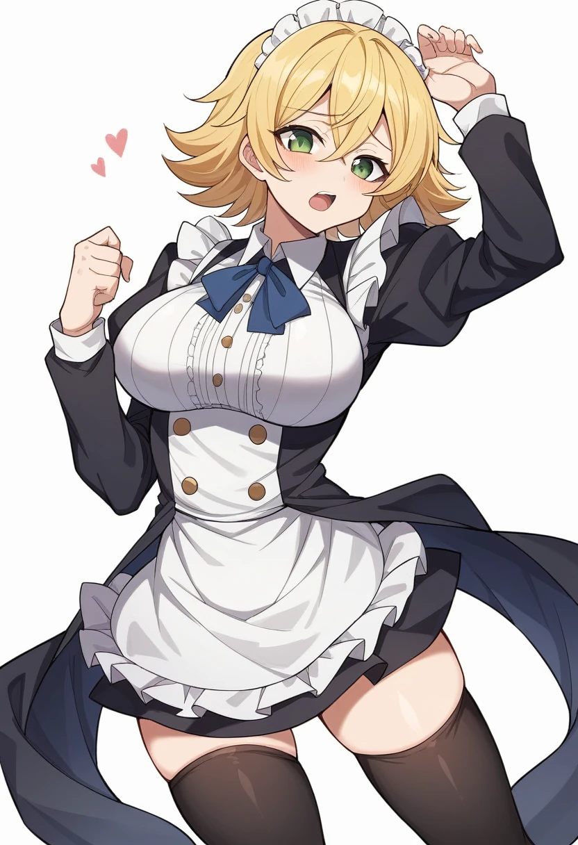 (One girl)、bob cut、flipped hair、((Blonde))、(Sato Air)、slan eyes、(Big super breasts)、Chubby、beautiful girl、green eye、Maid clotheini skirt、White sleeveless、((hairs between eyes))、((thigh-high socks thighhighs))、(long gloves)、say、flipped hair、White Background、