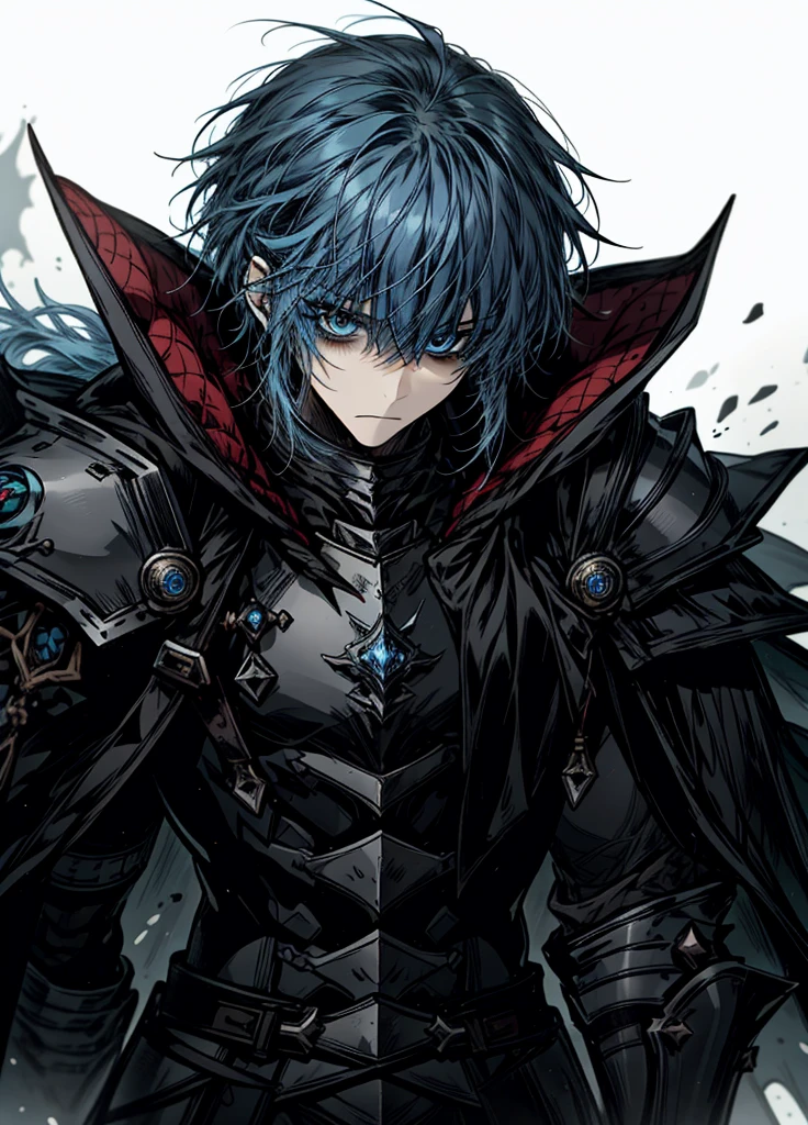 1boy ,blue eyes, blue hair ,black knight, arctic knight, muscular man, broken cloak, nice clothes, (high resolution, high detail, best quality),
