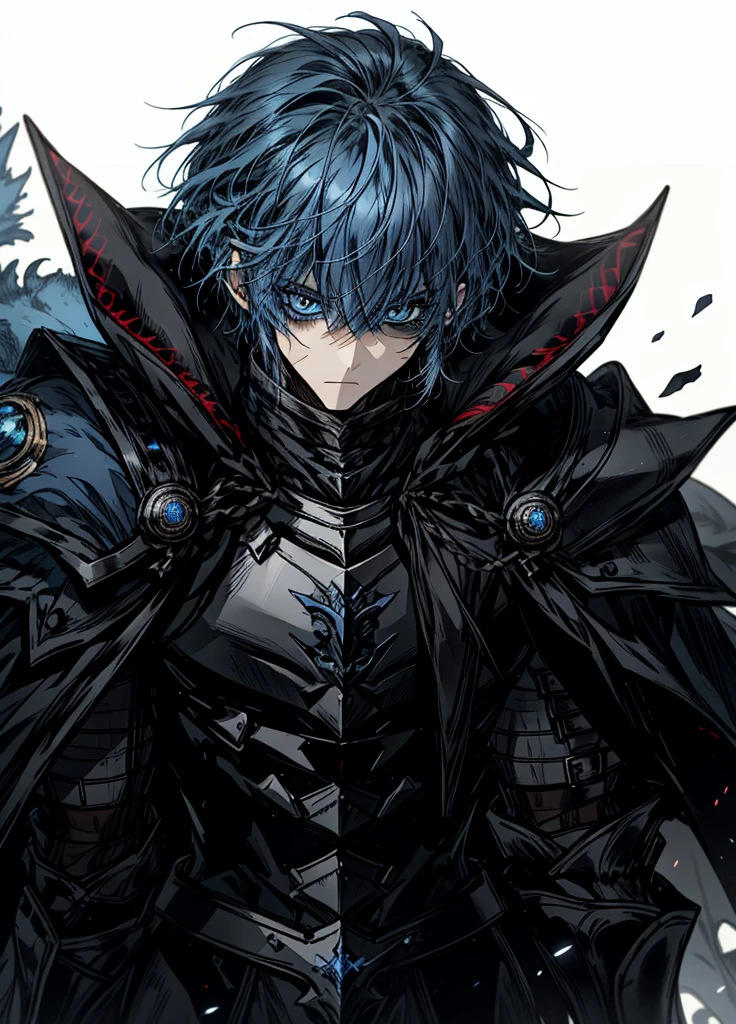 1boy ,blue eyes, blue hair ,black knight, arctic knight, muscular man, broken cloak, nice clothes, (high resolution, high detail, best quality),