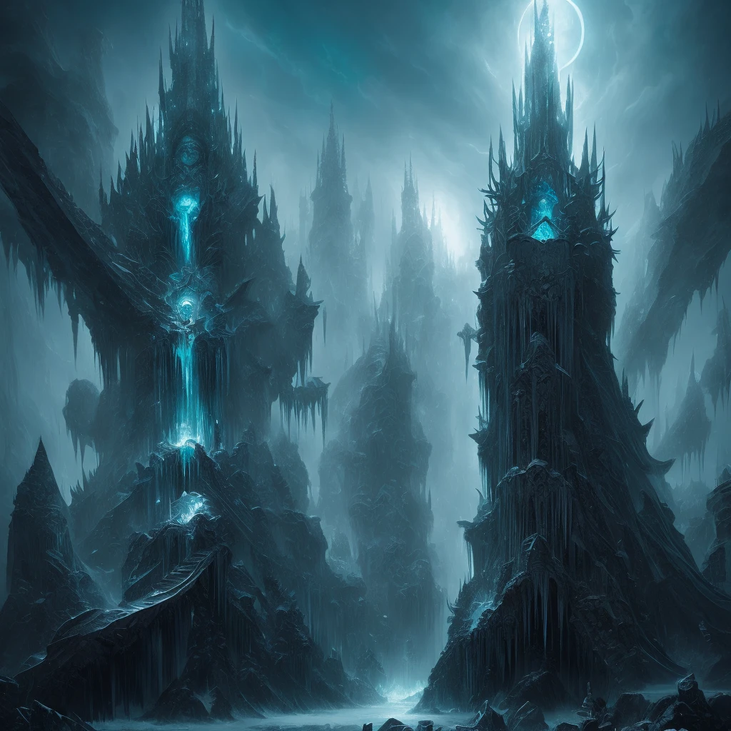 Ice horror goddes, scary dark face, a lot of ice, ice spikes, ice horrific creatures, cold magic, seb mckinnon, peter mohrbacher, storybook illustration, digital painting, eldritch, complex, meticulous, john kenn mortensen, ivan shishkin, gustave dore