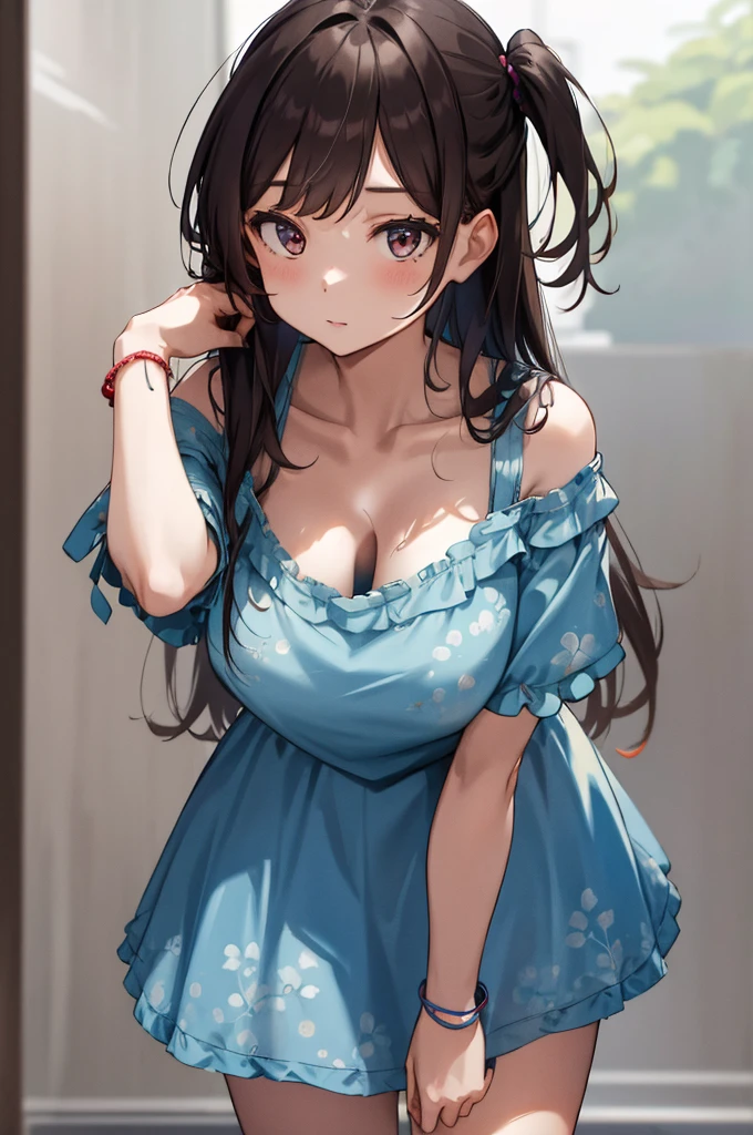 , chi1, 1girl, long hair, one side up, solo, bracelet, bangs, bare shoulders, blue shirt, floral print, short sleeves, off-shoulder shirt, frills, blue skirt, cowboy shot, big breasts,looking viewer,leaning forward