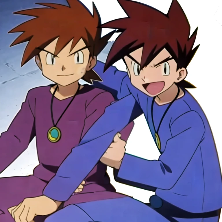 (masterpiece, best quality:1.2),1boy,solo,Gary Oak \(pokemon\),black outline,black eyes,brown hair,purple shirt,long sleeves,looking at viewer,smile,spiked hair,pendant