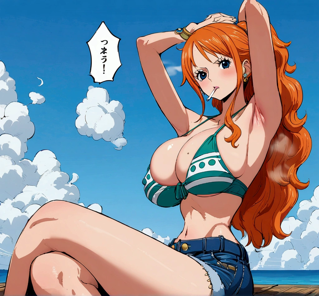 a cartoon picture of a woman in a bikini top and jeans, nami one piece, nami from one piece, nami, beautiful portrait of nami, from one piece, oppai, blue eyes, smoking, ponytail, nsfw