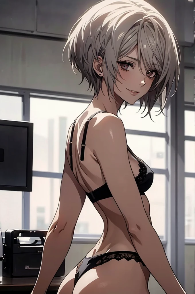 (Highest quality, High resolution, Very detailed), 1 female, Silver Hair, Super short hair, Reddish brown eyes, lace thong bra, Nude, Large Breasts, Ass, secretary, 24th generation, Beautiful woman, mature, quiet, Calm, A small smile, office,