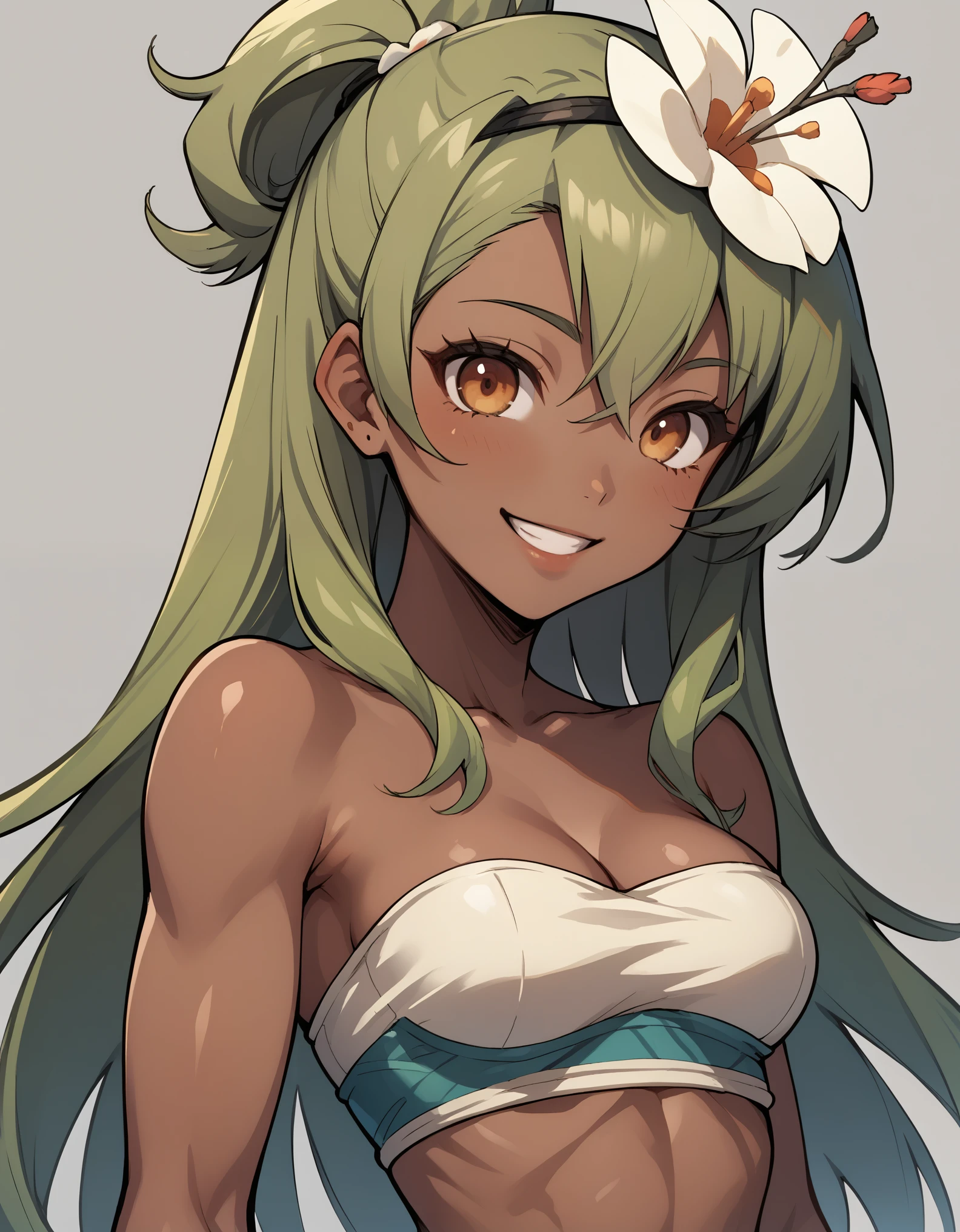 score_9, score_8_up, score_7_up, score_6_up, BREAK, source_cartoon, source_anime, 1girl, SadidaDG, amalia sheran sharm,, green hair, long hair, hair flower, dark skin, bare shoulders, tube top, upper body, smile, looking at viewer, solo, simple background