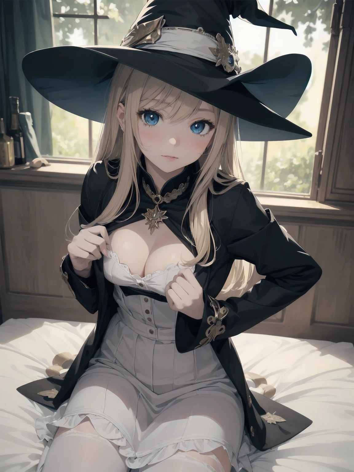 masterpiece, illustration, super detailed, kawaii, one girl, solo, witch in super cute pose, bed room, cowboy shot  ,sfw, Dynamic angle