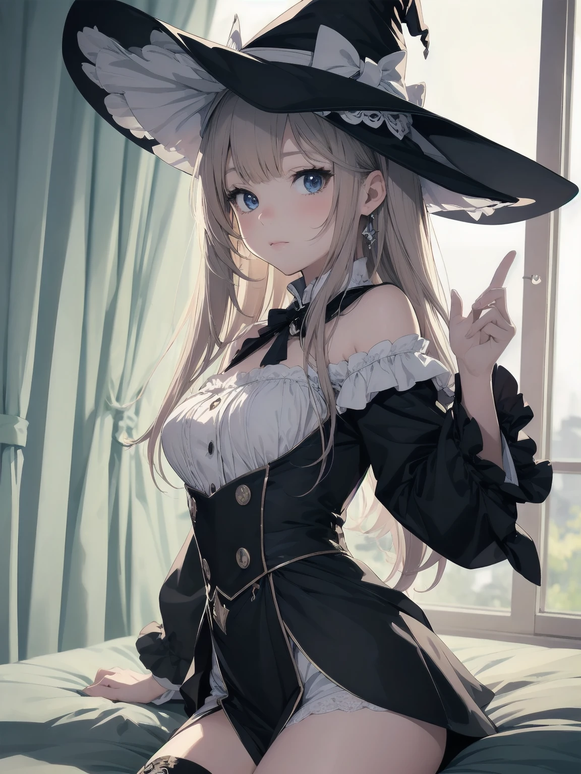 masterpiece, illustration, super detailed, kawaii, one girl, solo, witch in super cute pose, bed room, cowboy shot ,sfw, Dynamic angle