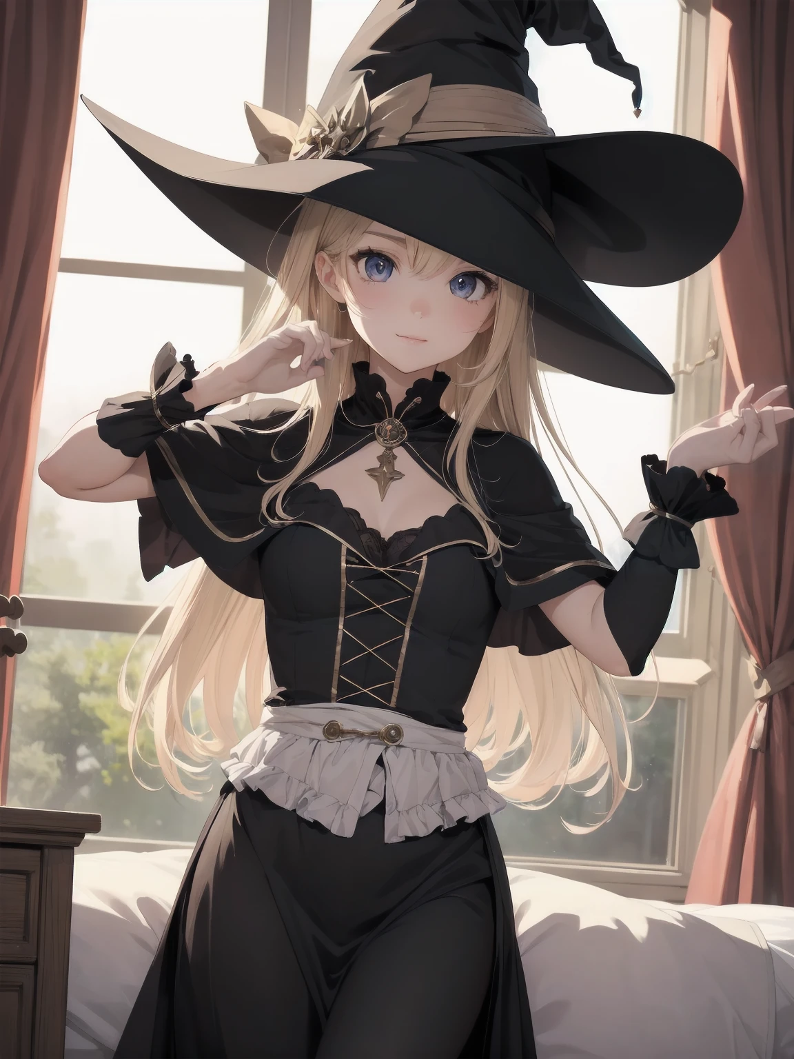 masterpiece, illustration, super detailed, kawaii, one girl, solo, witch in super cute pose, bed room, cowboy shot ,sfw, Dynamic angle