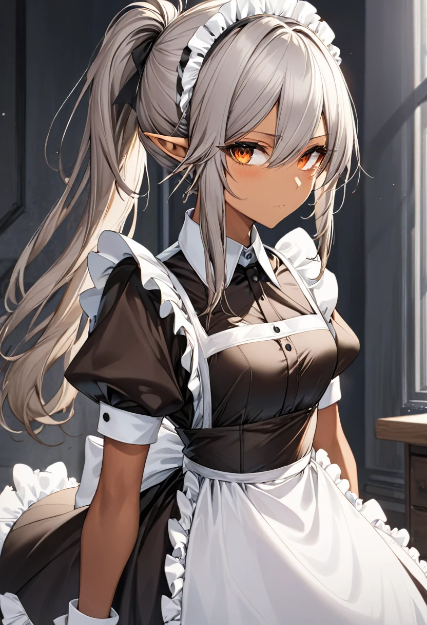 orange eyes,,((brown skin,dark elf,))grey hair,1lady,high ponytail, ,pointy ears,elf,,masterpiece, highres, solo, (maid:1.40), (long maid dress:1.15), anime_style, 14
