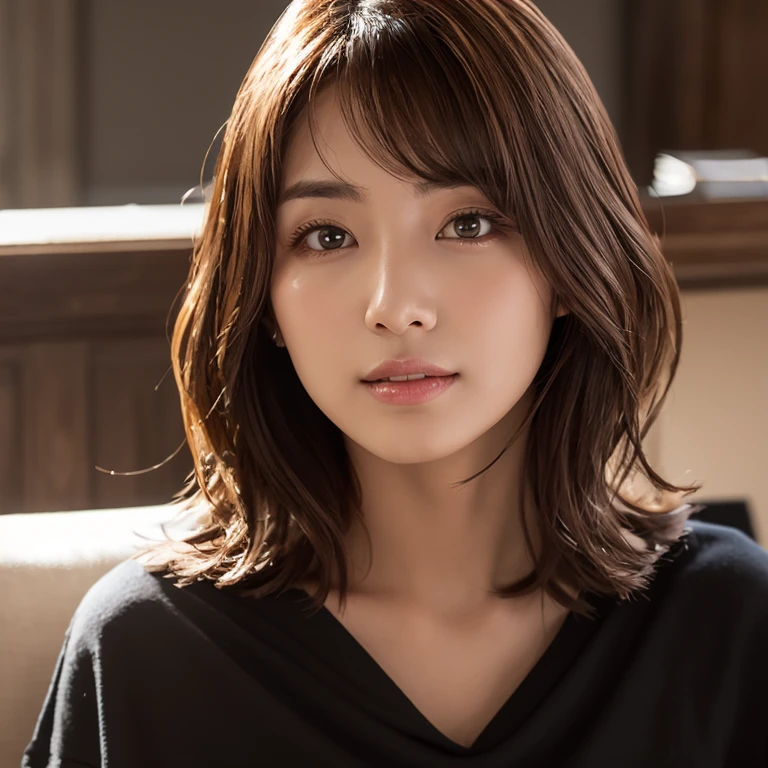 Closeup of woman with black shirt and brown hair, short hair, beautiful Japanese model,, shoulder length hair,,seductive cleavage,
