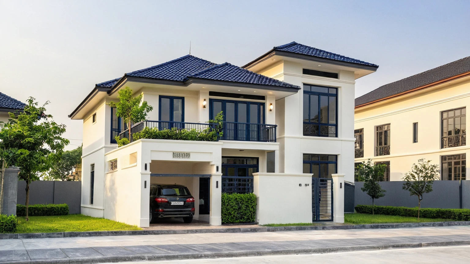 (masterpiece:1.2), best quality, photo of A two-story modern house in VietNam with dark tiles on the roof., dark granite tiled wall, neo classic detail, tree and plant environment,daylight, streetcapes, natural light, vivid color, The exterior of an elegant single family home features large windows, a dark gray door frame.