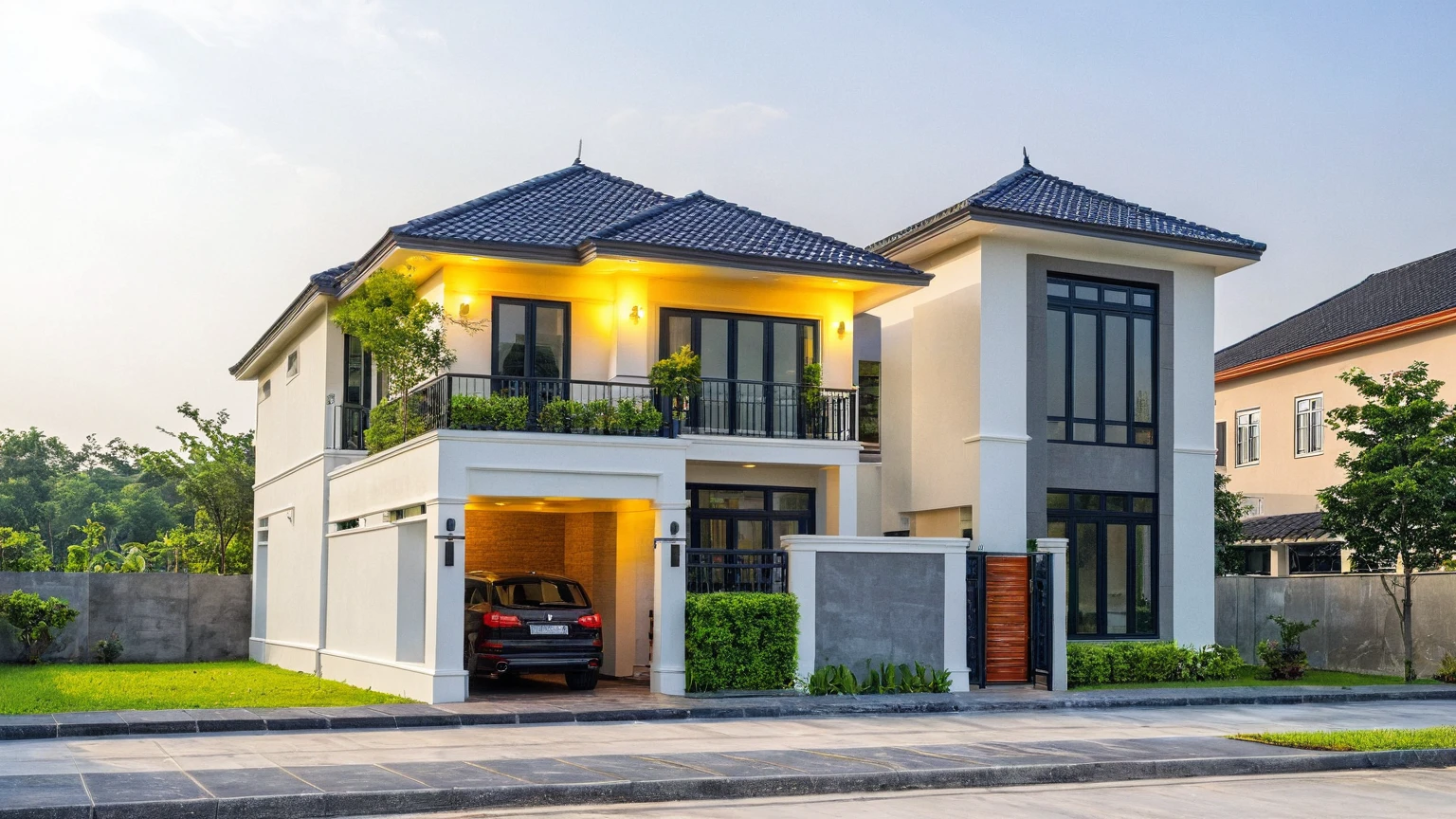 (masterpiece:1.2), best quality, photo of A two-story modern house in VietNam with dark tiles on the roof., dark granite tiled wall, neo classic detail, tree and plant environment,daylight, streetcapes, natural light, vivid color, The exterior of an elegant single family home features large windows, a dark gray door frame.