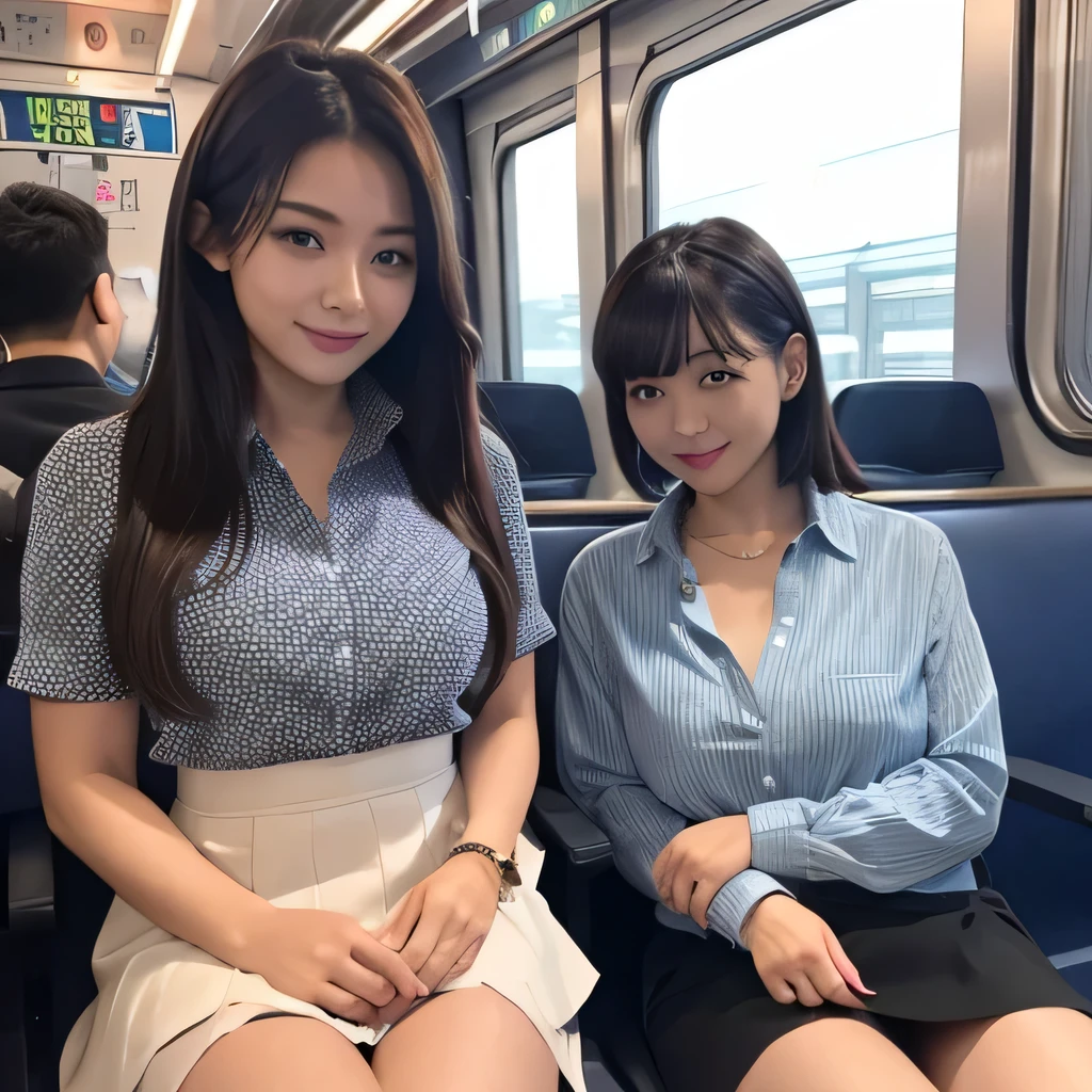 4k ,ultra high res ,(photo realistic: 1.1) ,detailed face ,A cute Japanese high school girl is riding a crowded train in her school uniform. She is sitting on a seat with her legs spread wide. Her pants are showing through her skirt. She is smiling as she shows us the between her large breasts.,kawaii,