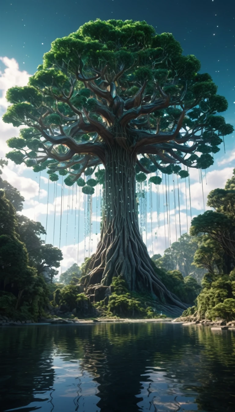 Illustration of a hyperrealistic , otherworldly, ultrasky scene featuring a giant crystal tree full body,very detailed and magical lighting, intricate forest details, vegetation and river around, solarpunk ,landscape, giant tree, beatifull leafy with beautiful lighting and realistic proportions, as if it were a cinematic background, 8k, highest quality, masterpiece, clouds and stars in the sky.