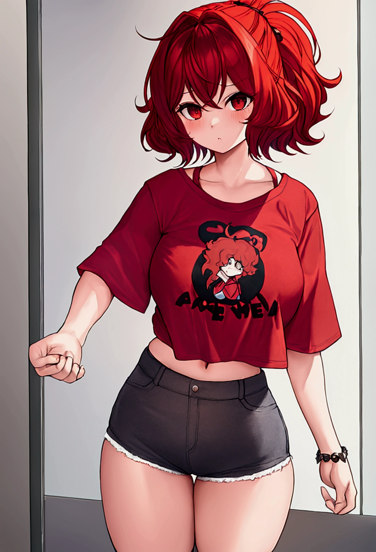 short, redheadwear, big hair that reaches the ass and straight, big brown eyes, big-ass, smallbreast, wearing very short shorts and a shirt that reaches the chest with Harl written on it.
