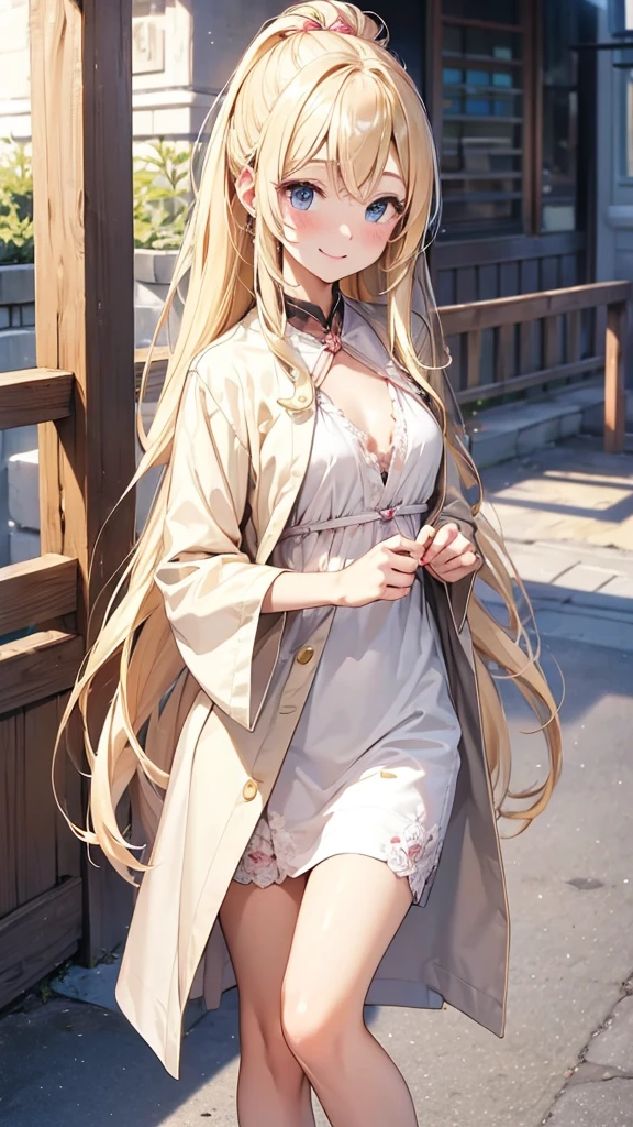 ((masterpiece))((Highest quality))girl、smile、blush、Flat Chest、Are thin、Blonde Hair、Long hair up to half of one's height、blush、Are standing、Whole body image、Even your toes are visible、Eye level on face、front、No background、真frontのアングル