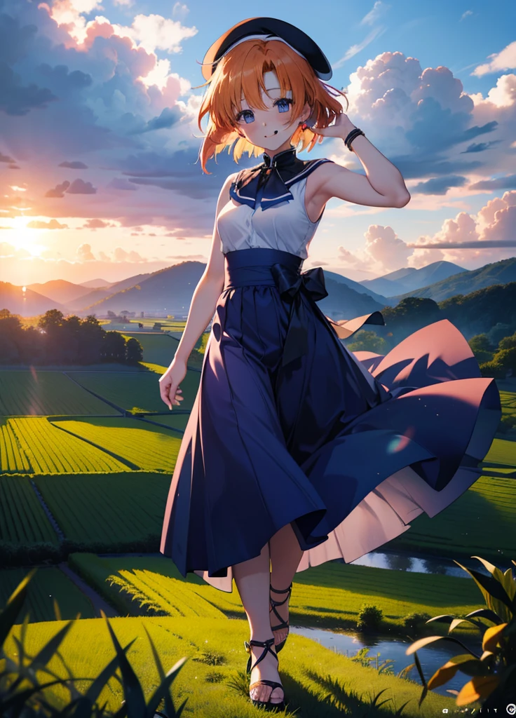 kidney, Rena Ryuuguu, Orange Hair, short hair, blue eyes, smile, blush,Grin,(Small breasts:1.2),beret,Sleeveless dress,Long skirt,Heeled Sandals,morning,morning陽,The sun is rising,Paddy field,walking,whole bodyがイラストに入る,
壊す looking at viewer,whole body,
Destroy outdoors, Destroy the countryside (masterpiece:1.2), Highest quality, High resolution, unity 8k wallpaper, (shape:0.8), (Beautiful attention to detail:1.6), Highly detailed face, Perfect lighting, Extremely detailed CG, (Perfect hands, Perfect Anatomy),