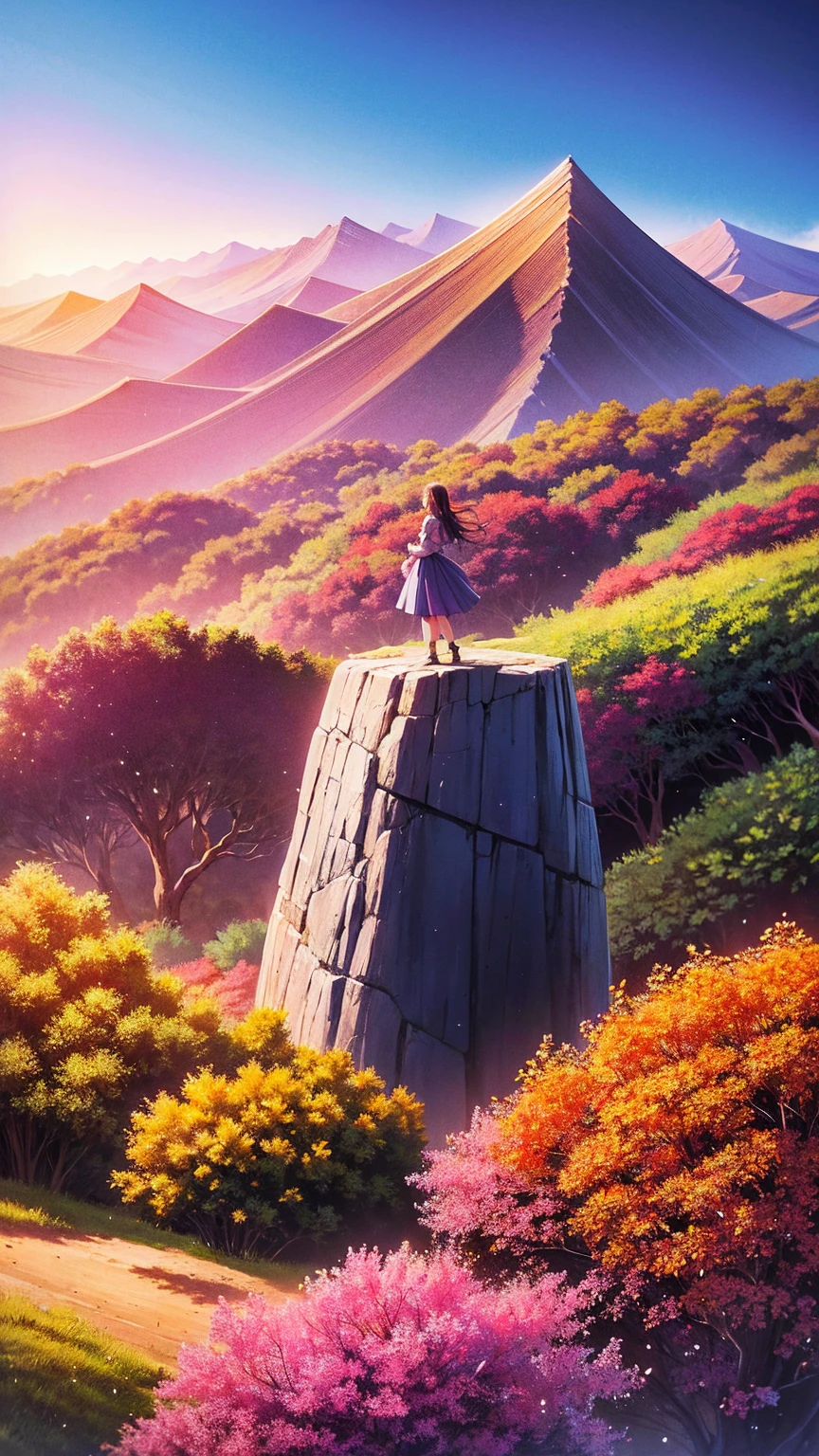 anime-style illustration, a young woman standing on the hill overlooks the vast expanse of clear blue sky and underneath a large valley mountain with flower colorful color blue red green purple yellow and fantasy world medieval, rocks, tree branches, fallen leaves, birds, The scene is depicted in a highly saturated and vibrant style, intense and rich COLORS VIVID, strong exaggerated colors, , dramatic lighting, epic, majestic, awe-inspiring, mystical, ethereal, The sky above is clear blue sky, The atmosphere is full of magical color films, High Detail.