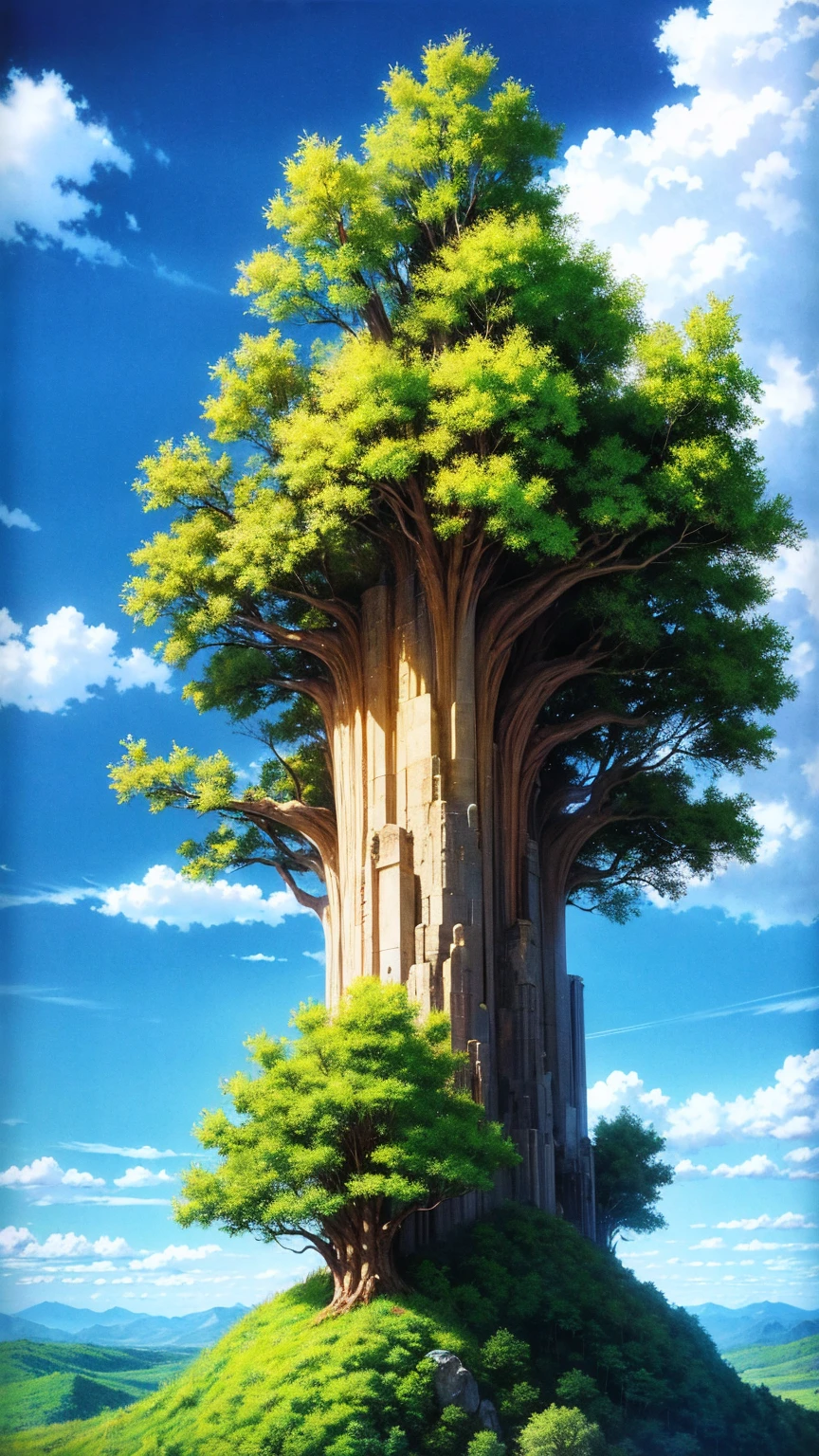 anime-style illustration, a young woman standing on the hill overlooks the vast expanse of clear blue sky and underneath a large valley mountain with flower colorful color blue red green purple yellow and fantasy world medieval, rocks, tree branches, fallen leaves, birds, The scene is depicted in a highly saturated and vibrant style, intense and rich COLORS VIVID, strong exaggerated colors, , dramatic lighting, epic, majestic, awe-inspiring, mystical, ethereal, The sky above is clear blue sky, The atmosphere is full of magical color films, High Detail.