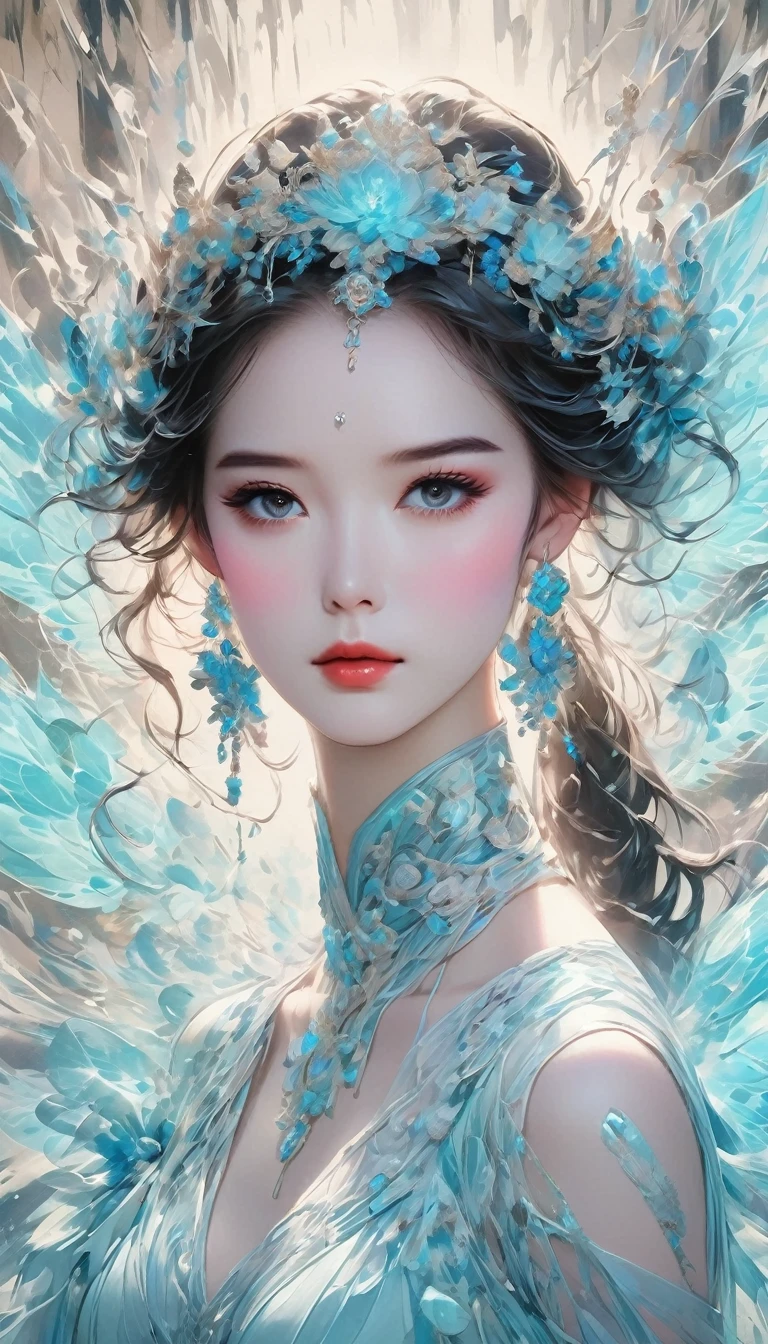 Monochrome Tiffany Blue, PAPERCUT, Highest quality, Super quality, 16K, Incredibly absurd, Very detailed, delicate and dynamic, A fusion of watercolor and oil painting, Mixing monochrome and color, Portrait of a pretty girl, Three-dimensional effect expressed by light and shadow, Eye-catching effect, modern art, A kaleidoscope of colors in the background