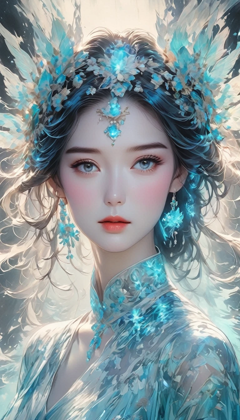 Monochrome Tiffany Blue, PAPERCUT, Highest quality, Super quality, 16K, Incredibly absurd, Very detailed, delicate and dynamic, A fusion of watercolor and oil painting, Mixing monochrome and color, Portrait of a pretty girl, Three-dimensional effect expressed by light and shadow, Eye-catching effect, modern art, A kaleidoscope of colors in the background