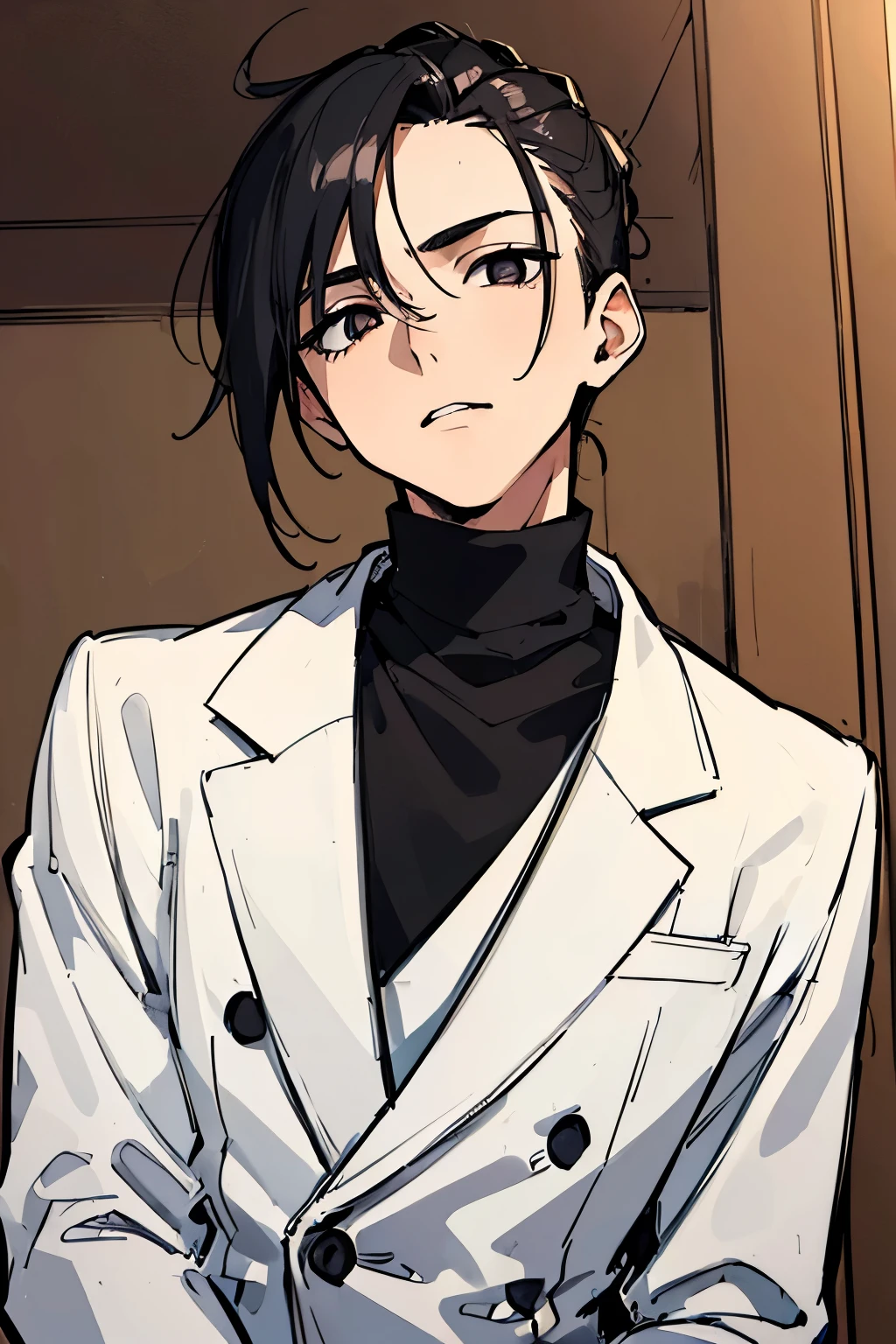 (((masterpiece))), ((best quality)), 1boy, male, young boy, ((looking at camera)), (looking up to the bottom), black turtleneck, black hair, ((white highlight on hair:1.09)), man bun hairstyle, black eyes, hopeful eyes, straight face, inside of an apartment