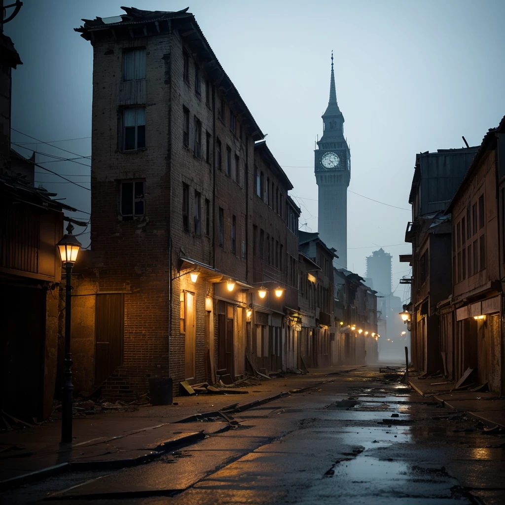 The generated image includes、Describe a ruined city in the darkness of night.。Rows of old buildings and crumbling houses、Dilapidated signs and broken streetlights are scattered around.。The fog covers the whole city、As the dim light shines in、I see a vague ghostly figure in the distance。In the center of the city、There is an old clock tower、Standing silently as if time had stopped。An eerie silence hangs over the city.、Create an atmosphere of wind and faint whispers.。