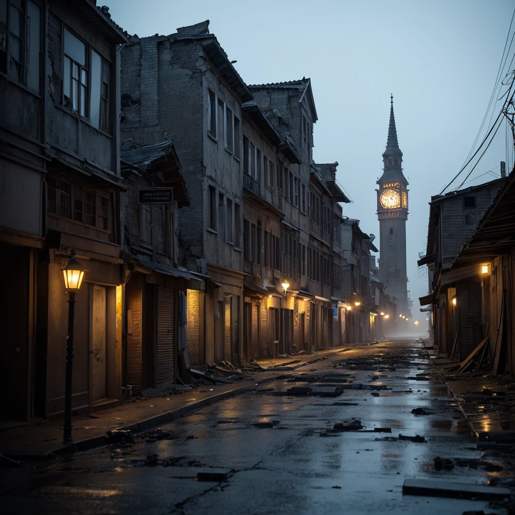 The generated image includes、Describe a ruined city in the darkness of night.。Rows of old buildings and crumbling houses、Dilapidated signs and broken streetlights are scattered around.。The fog covers the whole city、As the dim light shines in、I see a vague ghostly figure in the distance。In the center of the city、There is an old clock tower、Standing silently as if time had stopped。An eerie silence hangs over the city.、Create an atmosphere of wind and faint whispers.。