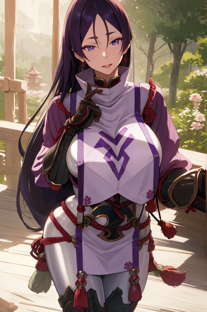 masterpiece, best quality, highres, hmmr1, minamoto no raikou (fate), high collar, gloves, japanese clothes, loincloth, (breast curtain:1.1), ribbed sleeves, rope, (bodysuit:1.2), standing, outdoors, field, flower, cowboy shot,