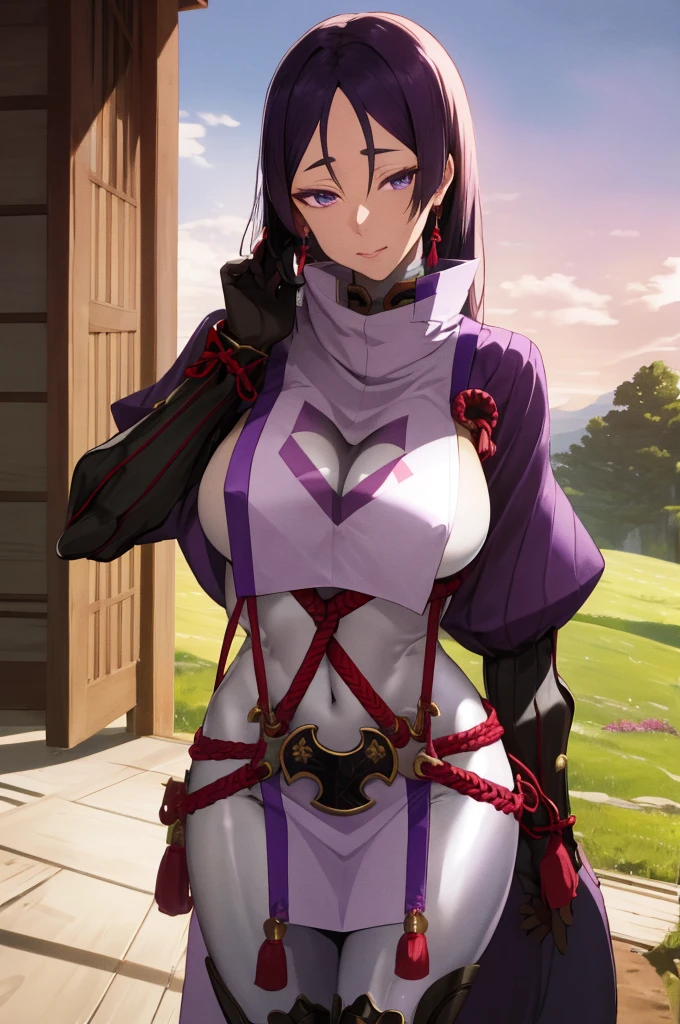masterpiece, best quality, highres, hmmr1, minamoto no raikou (fate), high collar, gloves, japanese clothes, loincloth, (breast curtain:1.1), ribbed sleeves, rope, (bodysuit:1.2), standing, outdoors, field, flower, cowboy shot,