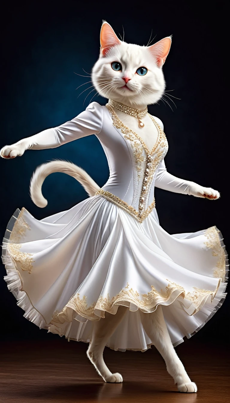 Realistic portrait of a dressed animal - a beautiful white cat, Dancer,(Dynamic action poses for ballroom waltz dance), high quality,(Lovely) ,Intricate details, Very detailed ((Gorgeous ballroom dancing costumes)) ,Very detailed decorations,, (Happy), Studio Lighting,(Full body image:1.5)