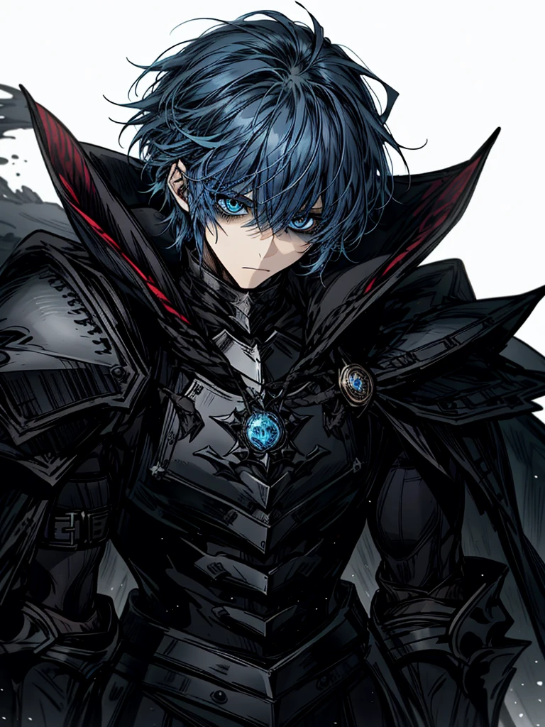 1boy ,blue eyes, blue hair ,black knight, arctic knight, muscular man, broken cloak, nice clothes, (high resolution, high detail, best quality), calm