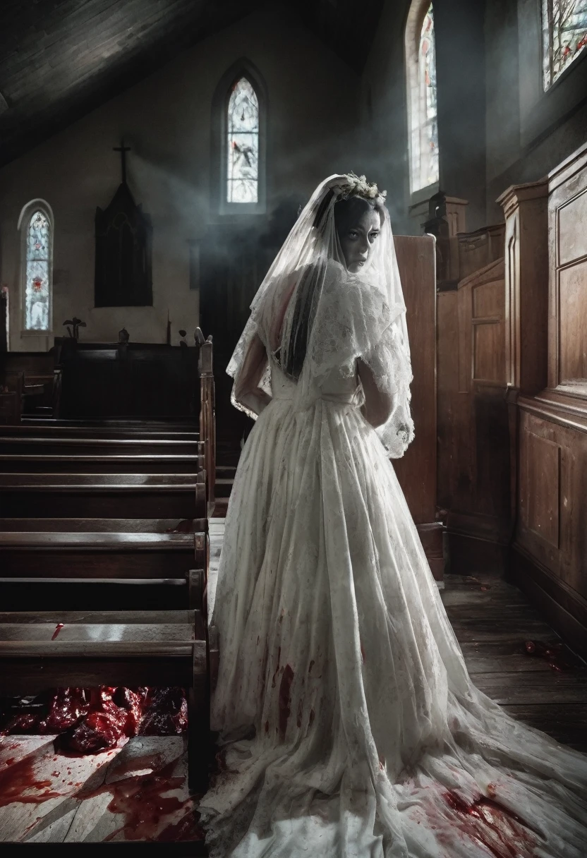 A ghost bride from the 60s with a bloody ax in her hands with her back looking back out of the corner of her eye in a church scene from a horror film, poster