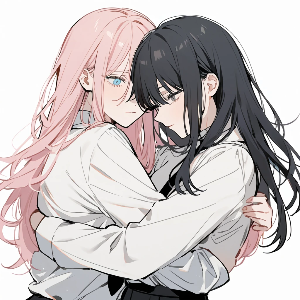 1 older woman, long hair, light pink hair and blue eyes, hugging 1 younger boy with short black hair and gray eyes, (hug), ((couple)), both with white blouse and black tie, white background,chainsaw man style 