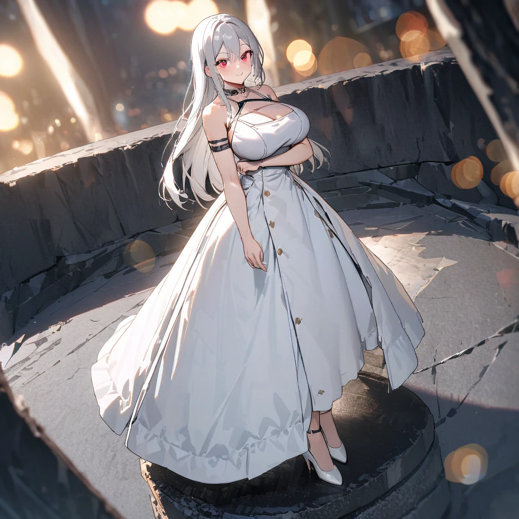 A woman wearing a white dress, exposed shoulders, big breasts, red eyes, white hair, smiling, white heels, standing on a concrete platform,(solo woman) ,UHD , prime work , accurate , anatomically correct , textured skin , super details , high quality , best quality, 8k, high resolution, bokeh effect.
