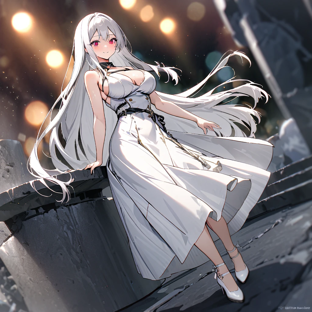 A woman wearing a white dress, exposed shoulders, big breasts, red eyes, white hair, smiling, white heels, standing on a concrete platform,(solo woman) ,UHD , prime work , accurate , anatomically correct , textured skin , super details , high quality , best quality, 8k, high resolution, bokeh effect.
