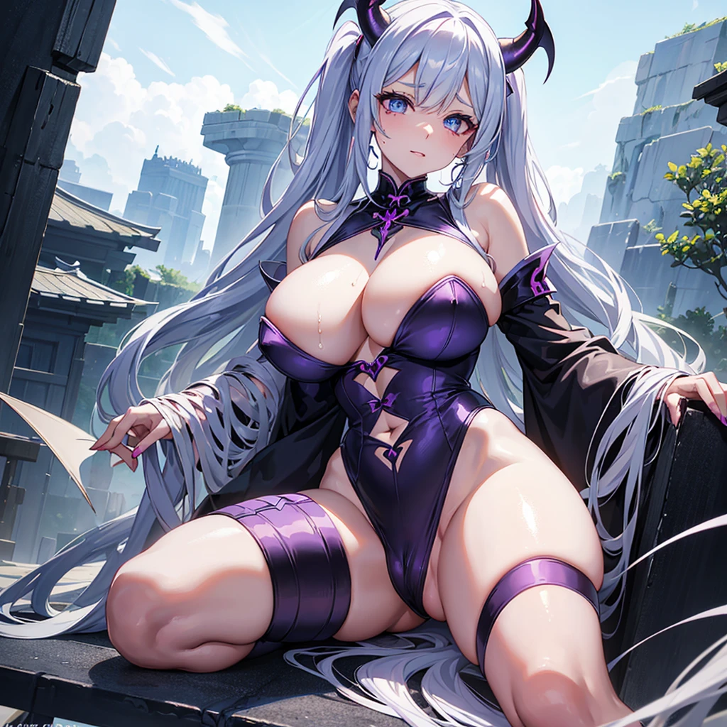 ((demon woman)) sitting in a chair and she is your mother and she has ultra mega hyper huge breasts and she has white hair and blue eyes and she has hashira clothes from Kimtsu no yaiba and fluids are coming out of her clothes from the part of her vagina Her excitement at seeing you and her clothes on the part of her vagina are getting wet from her fluid.  ((Too big breasts)) ((exaggeratedly large breasts)) (she has a purple mark in her vagina area)) ((ultra mega hyper mega giant breasts)). demon&#39;s eyes